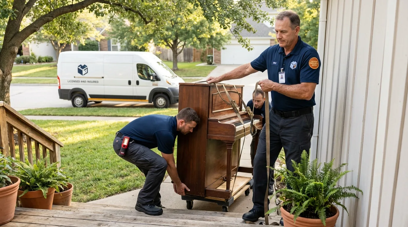 Licensed piano movers securing grand piano in Bellaire, MI