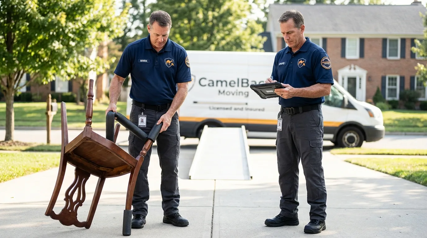 Movers inspecting furniture for damage prevention before loading in Bellaire, MI