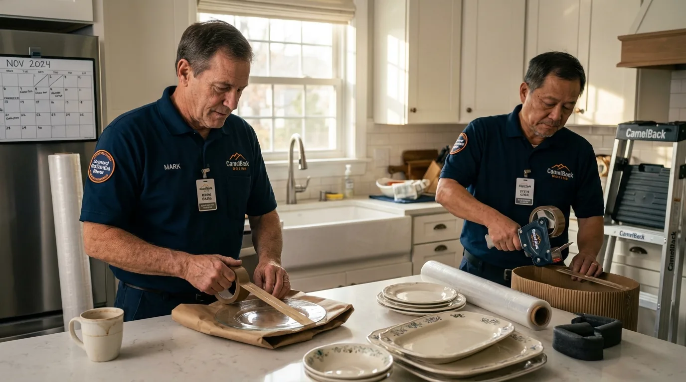 Professional crew packing kitchen dishware in Bellaire, MI